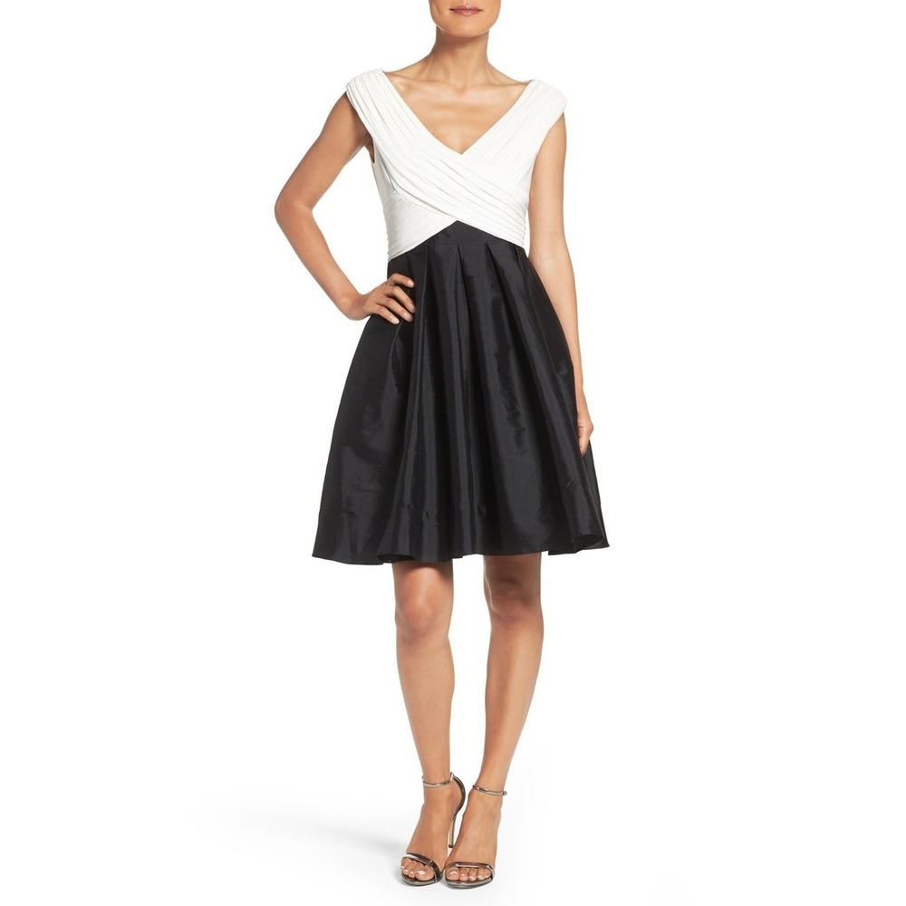 Adrianna Papell Black‎ Ivory V Neck Cap Sleeve Ruched Waist Fit Flare Dress 16